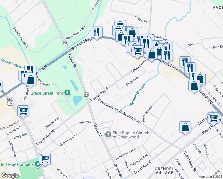 map of restaurants, bars, coffee shops, grocery stores, and more near 120 Laurel Avenue East in Greenwood