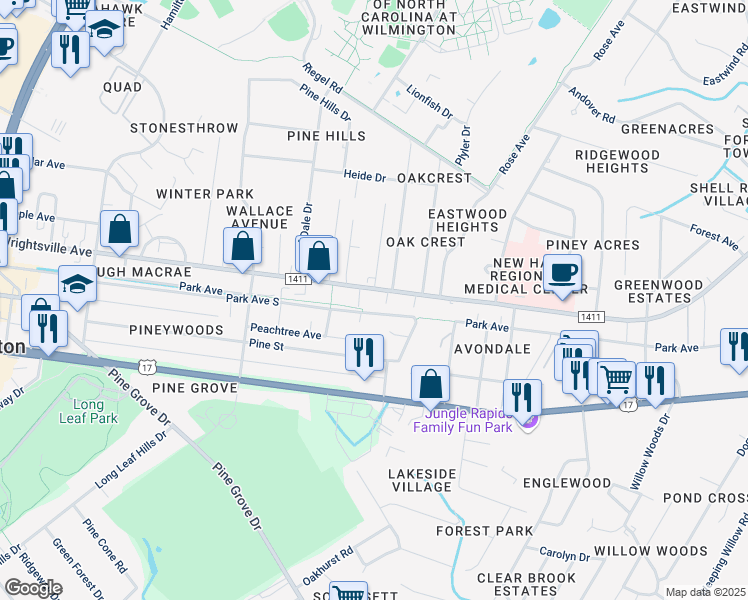 map of restaurants, bars, coffee shops, grocery stores, and more near 5054 Wrightsville Avenue in Wilmington