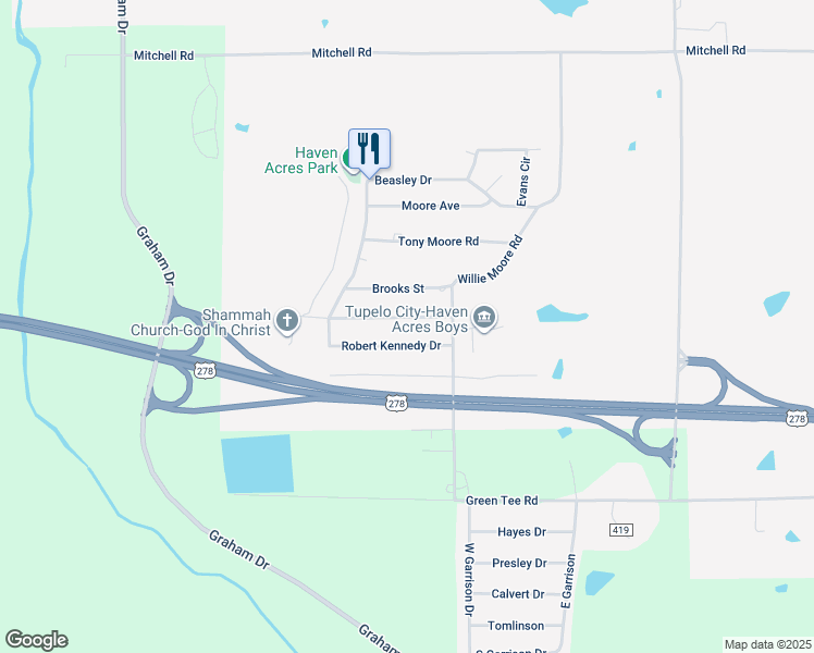 map of restaurants, bars, coffee shops, grocery stores, and more near 3317 Meadow Drive in Tupelo