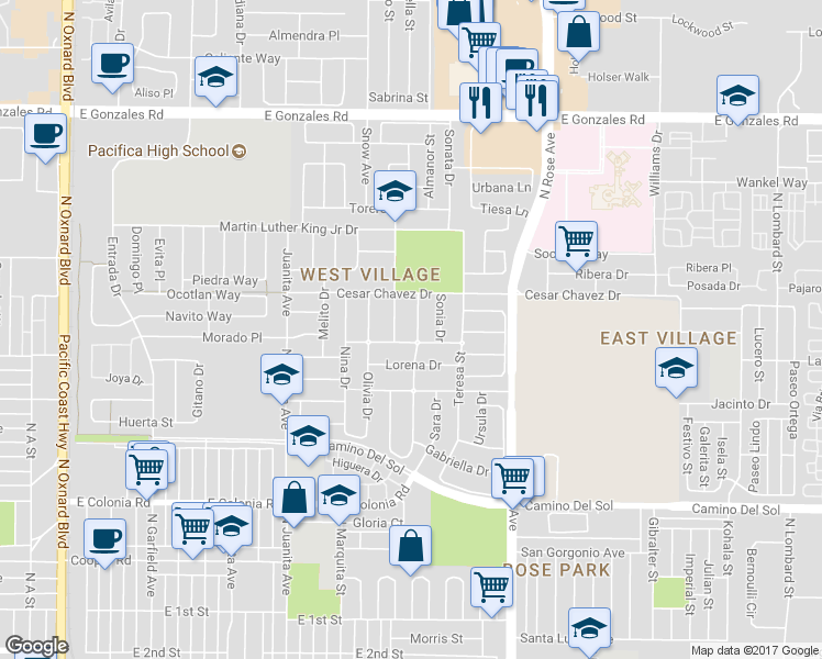 map of restaurants, bars, coffee shops, grocery stores, and more near 1025 Rosalinda Drive in Oxnard