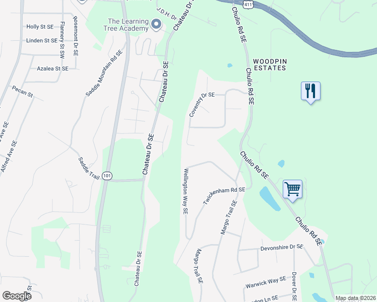 map of restaurants, bars, coffee shops, grocery stores, and more near 36 Coventry Drive Southeast in Rome