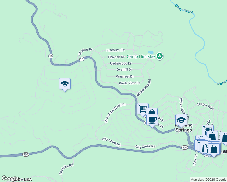 map of restaurants, bars, coffee shops, grocery stores, and more near 31407 Valley Ridge Drive in Running Springs