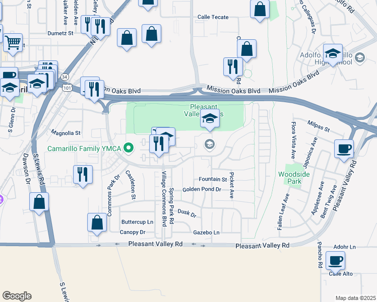 map of restaurants, bars, coffee shops, grocery stores, and more near 3419 Rockhampton Drive in Camarillo