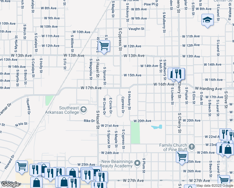 map of restaurants, bars, coffee shops, grocery stores, and more near 67 Cypress Drive in Pine Bluff