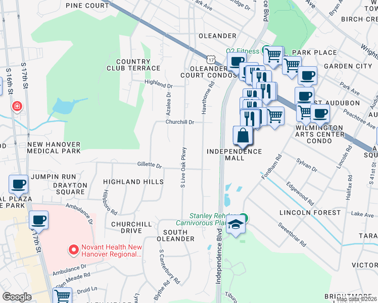 map of restaurants, bars, coffee shops, grocery stores, and more near 1823 South Live Oak Parkway in Wilmington