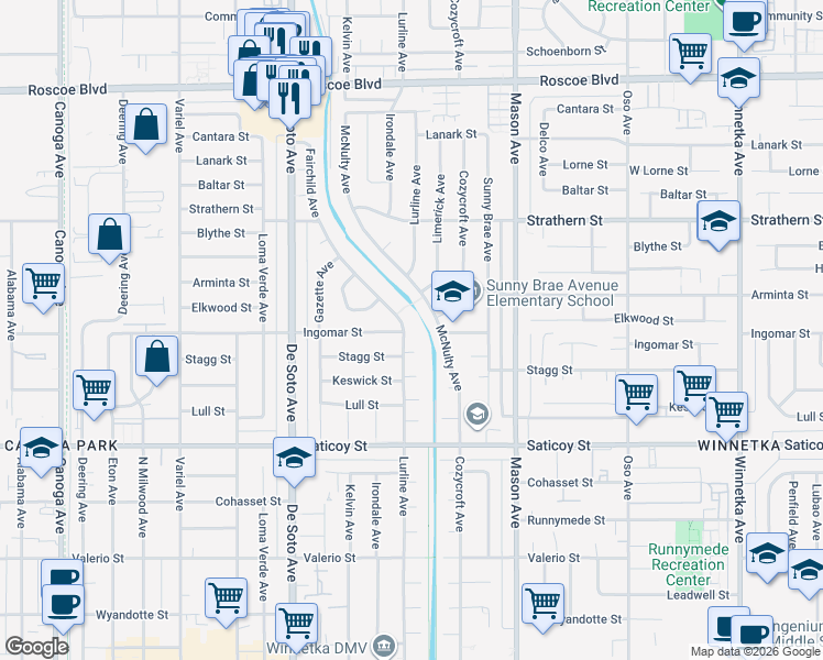 map of restaurants, bars, coffee shops, grocery stores, and more near 7800 Fairchild Avenue in Los Angeles