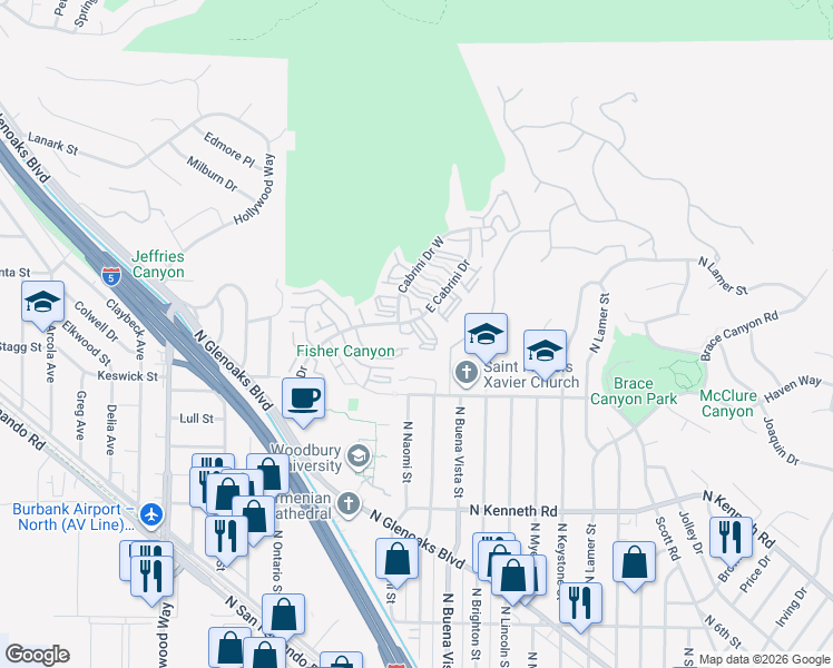 map of restaurants, bars, coffee shops, grocery stores, and more near 9558 Vía Milano in Burbank