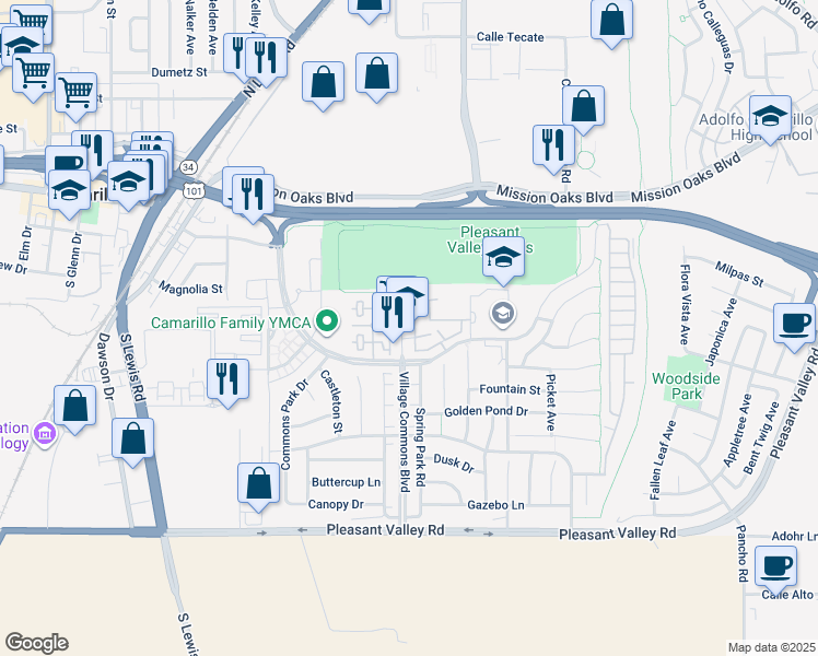 map of restaurants, bars, coffee shops, grocery stores, and more near 232 Village Commons Boulevard in Camarillo