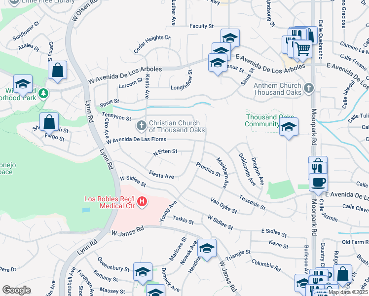 map of restaurants, bars, coffee shops, grocery stores, and more near 125 Erten Street in Thousand Oaks