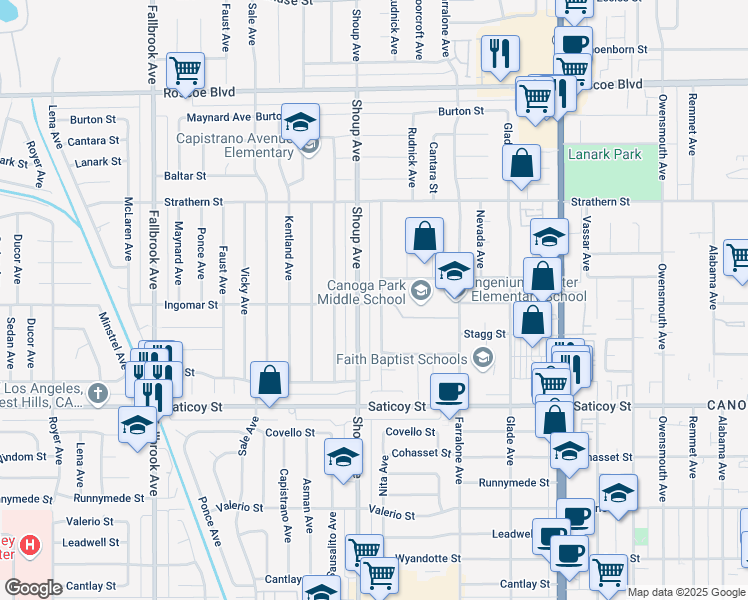 map of restaurants, bars, coffee shops, grocery stores, and more near 7801 Nita Avenue in Los Angeles