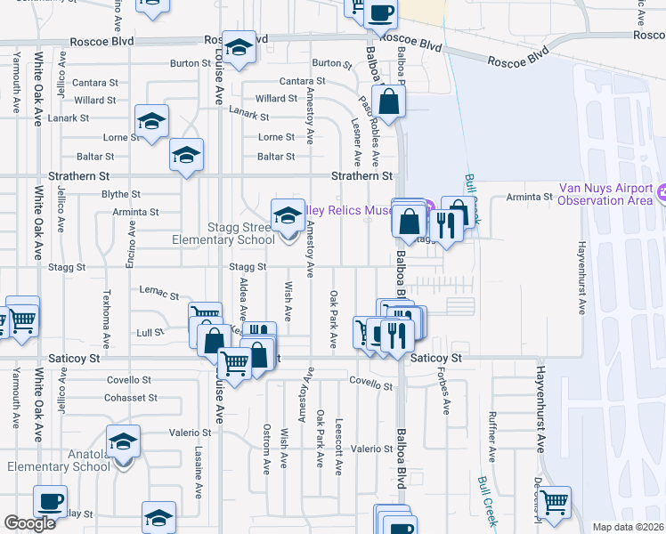 map of restaurants, bars, coffee shops, grocery stores, and more near 7755 Oak Park Avenue in Los Angeles
