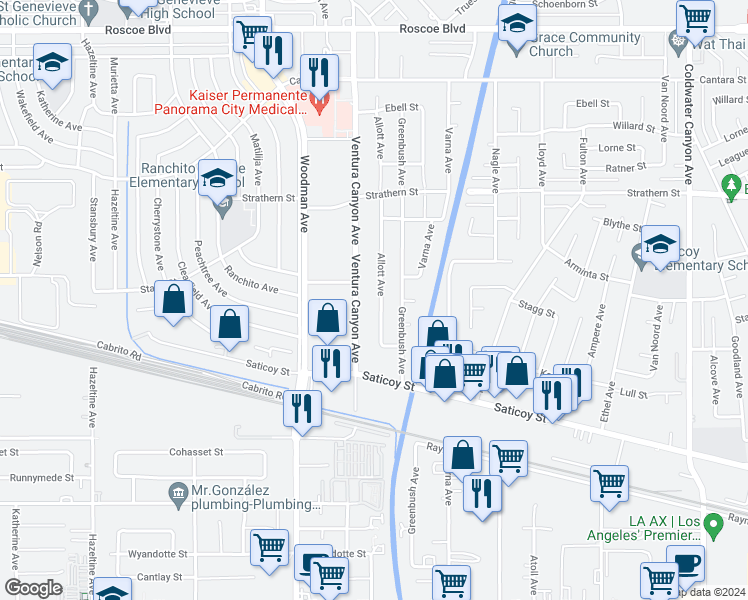 map of restaurants, bars, coffee shops, grocery stores, and more near 7803 Allott Avenue in Los Angeles