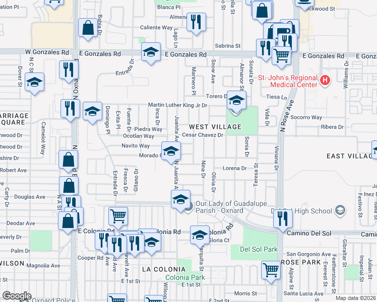 map of restaurants, bars, coffee shops, grocery stores, and more near 1179 Morado Place in Oxnard