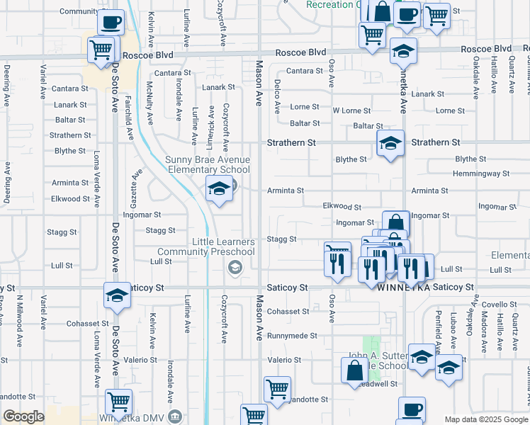 map of restaurants, bars, coffee shops, grocery stores, and more near 20464 Elkwood Street in Los Angeles
