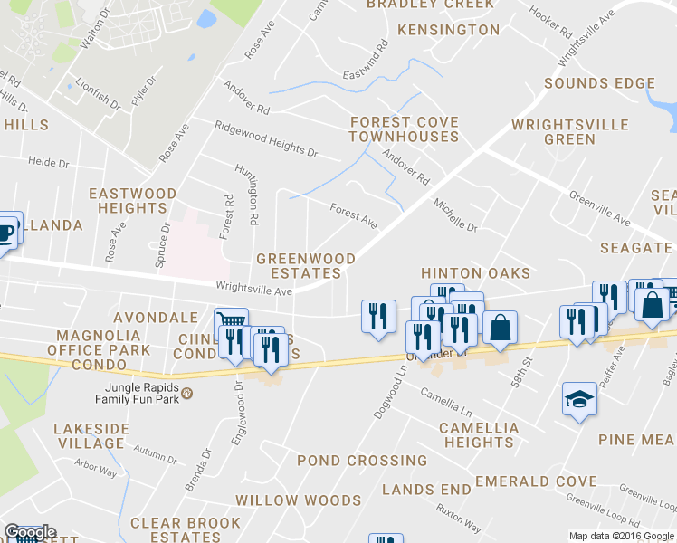 map of restaurants, bars, coffee shops, grocery stores, and more near 5544 Wrightsville Avenue in Wilmington