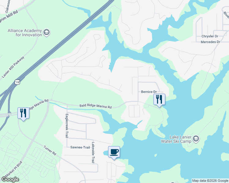 map of restaurants, bars, coffee shops, grocery stores, and more near 1840 Watercrest Dr in Cumming