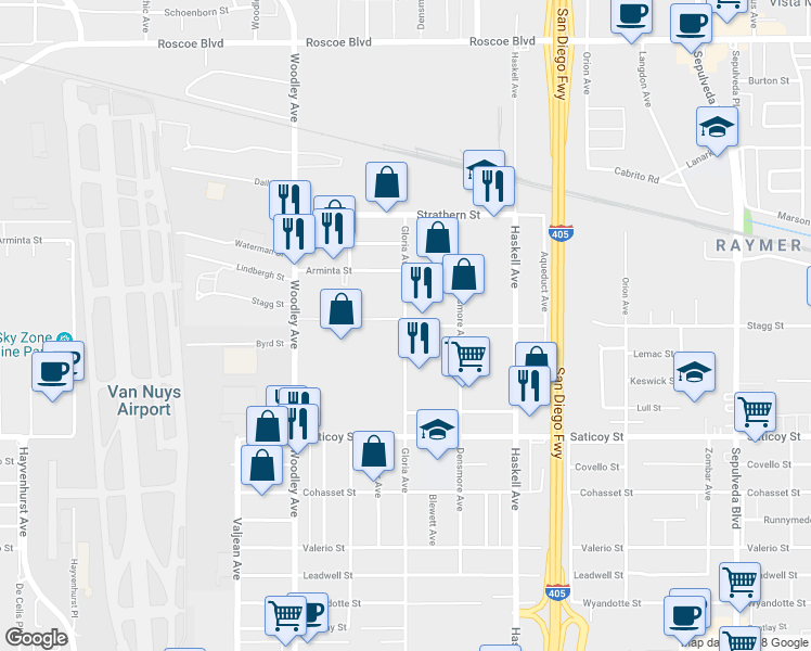 map of restaurants, bars, coffee shops, grocery stores, and more near 7799 Gloria Avenue in Los Angeles