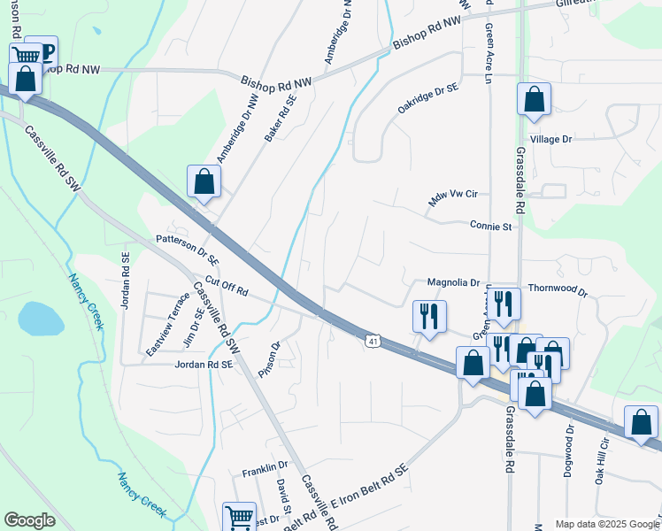 map of restaurants, bars, coffee shops, grocery stores, and more near 34 Jackson Drive Southeast in Cartersville