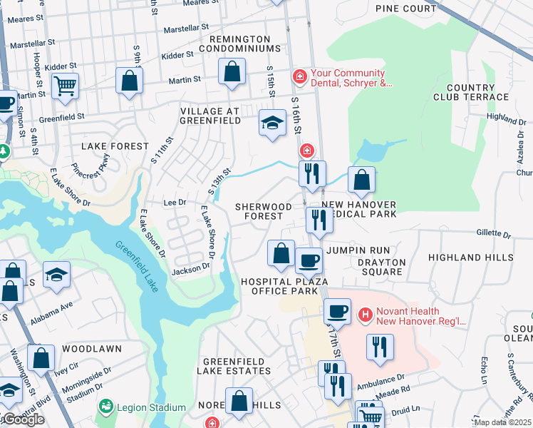 map of restaurants, bars, coffee shops, grocery stores, and more near 1425 Robinhood Road in Wilmington