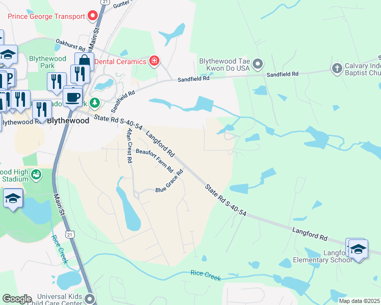 map of restaurants, bars, coffee shops, grocery stores, and more near 331 Langford Road in Blythewood