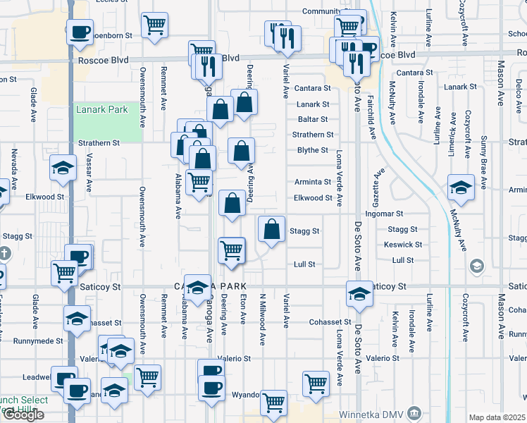 map of restaurants, bars, coffee shops, grocery stores, and more near 21208 Ingomar Street in Los Angeles
