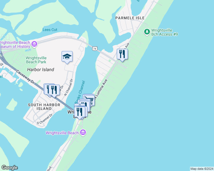 map of restaurants, bars, coffee shops, grocery stores, and more near 6 East Asheville Street in Wrightsville Beach