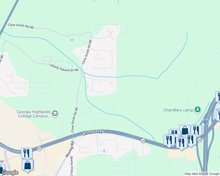 map of restaurants, bars, coffee shops, grocery stores, and more near 46 Polo Fields Northeast in Cartersville