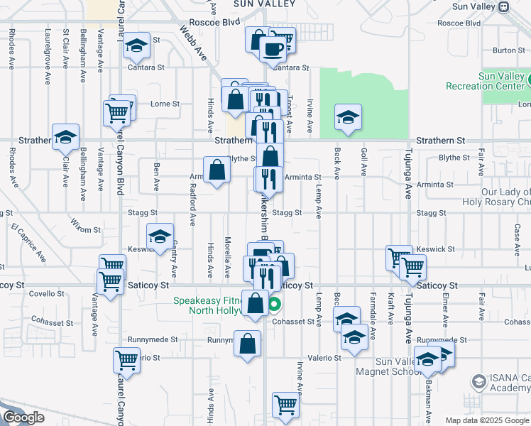 map of restaurants, bars, coffee shops, grocery stores, and more near Lankershim Blvd & Stagg St in Los Angeles
