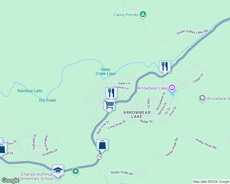 map of restaurants, bars, coffee shops, grocery stores, and more near 32905 Chipmunk Lane in Running Springs