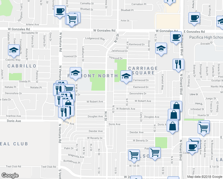 map of restaurants, bars, coffee shops, grocery stores, and more near 1025 North G Street in Oxnard