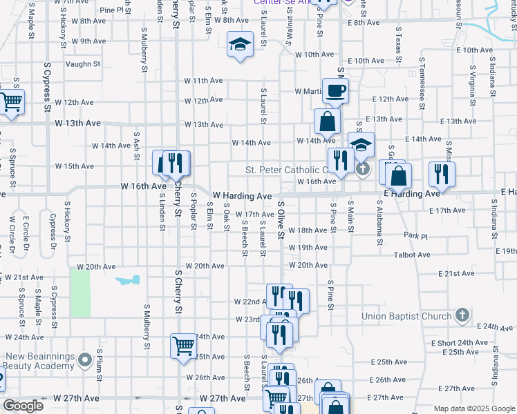 map of restaurants, bars, coffee shops, grocery stores, and more near 1706 South Laurel Street in Pine Bluff