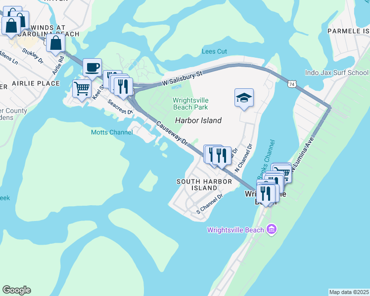 map of restaurants, bars, coffee shops, grocery stores, and more near 450 Causeway Drive in Wrightsville Beach