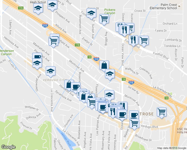 map of restaurants, bars, coffee shops, grocery stores, and more near 2501 Montrose Avenue in La Crescenta-Montrose