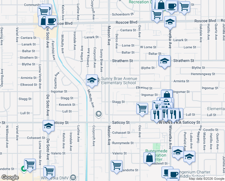 map of restaurants, bars, coffee shops, grocery stores, and more near 20464 Elkwood Street in Los Angeles