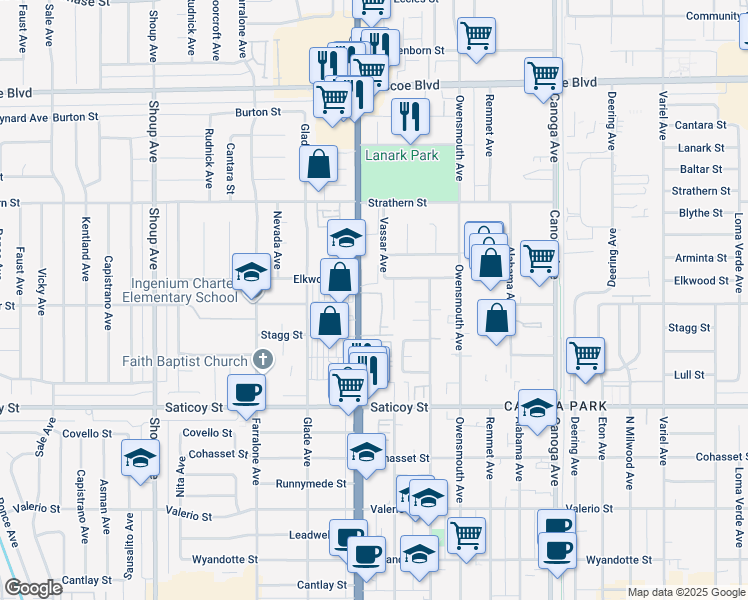 map of restaurants, bars, coffee shops, grocery stores, and more near 7803 Vassar Avenue in Los Angeles