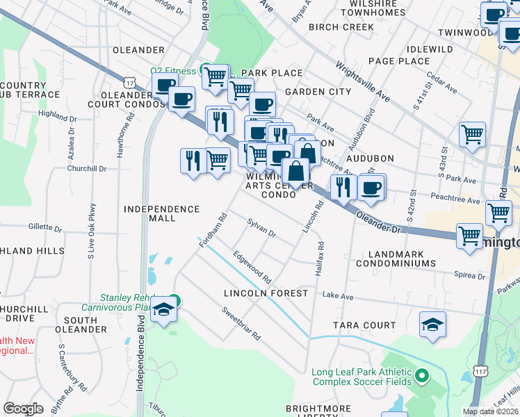 map of restaurants, bars, coffee shops, grocery stores, and more near 3824 Halifax Road in Wilmington