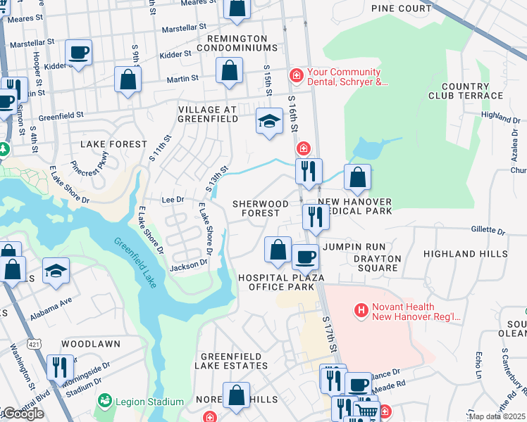 map of restaurants, bars, coffee shops, grocery stores, and more near 1425 Robinhood Road in Wilmington