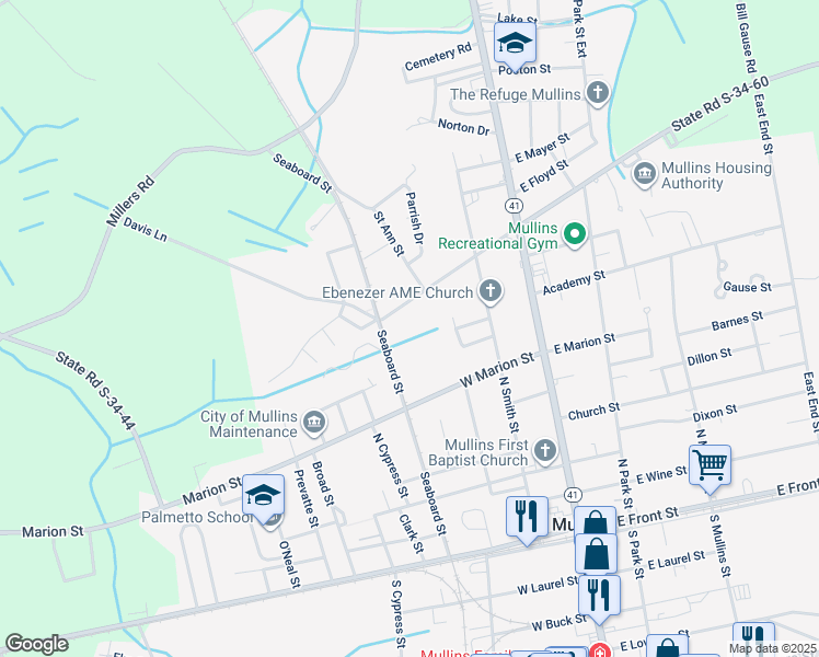 map of restaurants, bars, coffee shops, grocery stores, and more near 301 West Dogwood Drive in Mullins