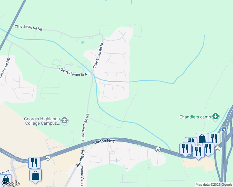 map of restaurants, bars, coffee shops, grocery stores, and more near 21 Mallet Point in Cartersville