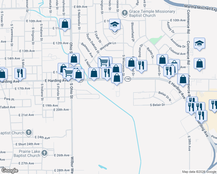 map of restaurants, bars, coffee shops, grocery stores, and more near 1600 East Harding Avenue in Pine Bluff