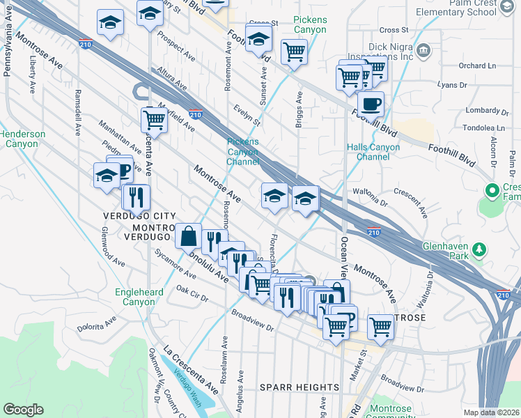 map of restaurants, bars, coffee shops, grocery stores, and more near 2505 Montrose Avenue in La Crescenta-Montrose