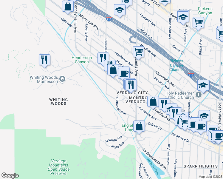 map of restaurants, bars, coffee shops, grocery stores, and more near 2926 Sycamore Avenue in Glendale