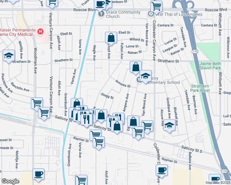 map of restaurants, bars, coffee shops, grocery stores, and more near 13144 Yerba Street in Los Angeles