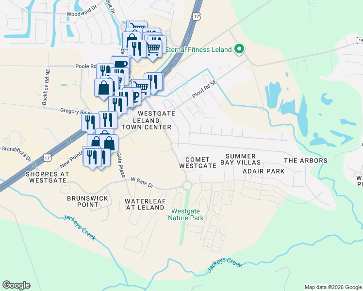 map of restaurants, bars, coffee shops, grocery stores, and more near 9393 Night Harbor Drive in Leland