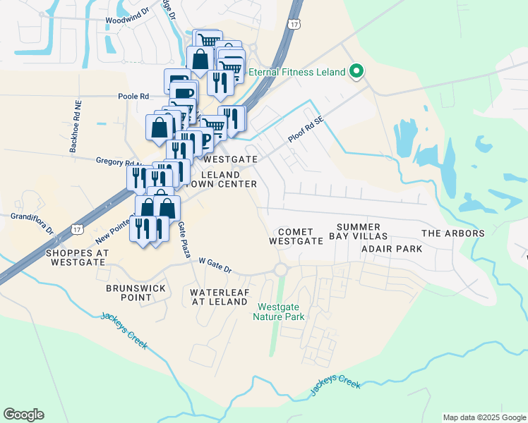map of restaurants, bars, coffee shops, grocery stores, and more near 9387 Night Harbor Drive in Leland