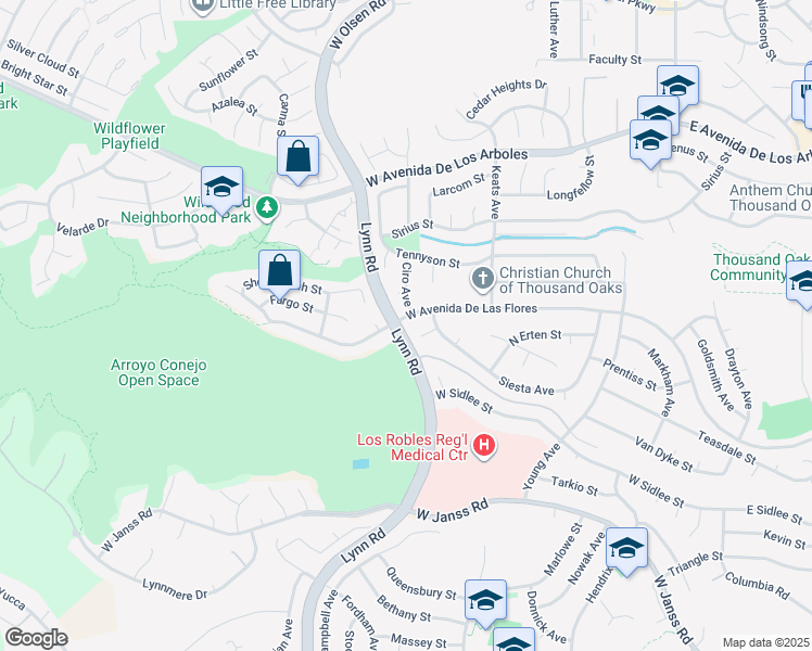 map of restaurants, bars, coffee shops, grocery stores, and more near 334 West Avenida De Las Flores in Thousand Oaks