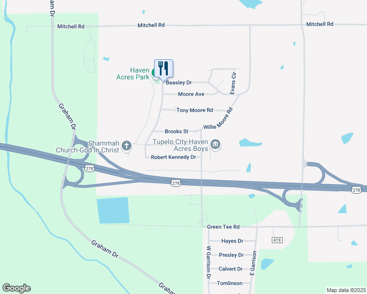 map of restaurants, bars, coffee shops, grocery stores, and more near 3317 Meadow Drive in Tupelo