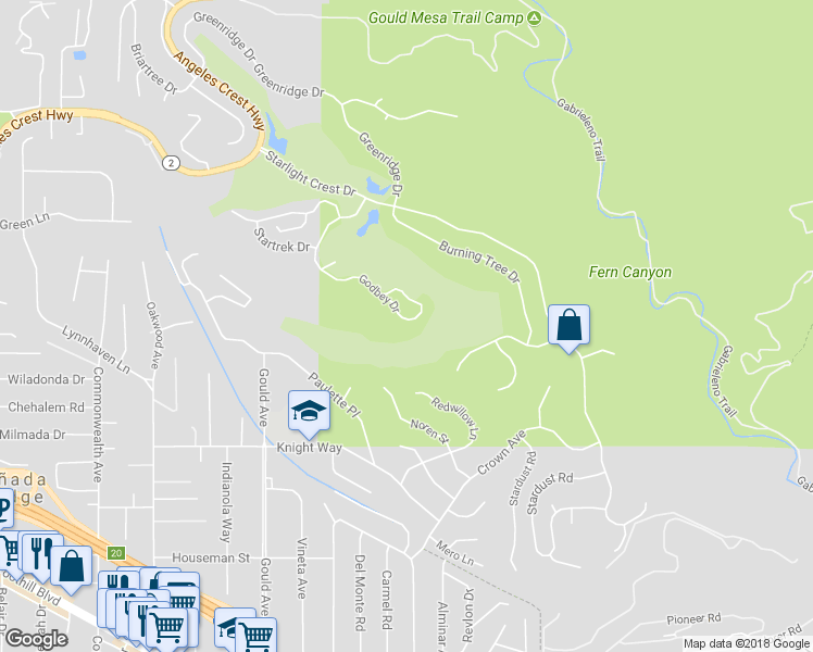 map of restaurants, bars, coffee shops, grocery stores, and more near 5359 Godbey Drive in La Cañada Flintridge