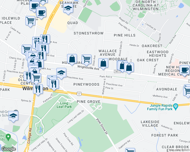 map of restaurants, bars, coffee shops, grocery stores, and more near 4932 Park Avenue South in Wilmington