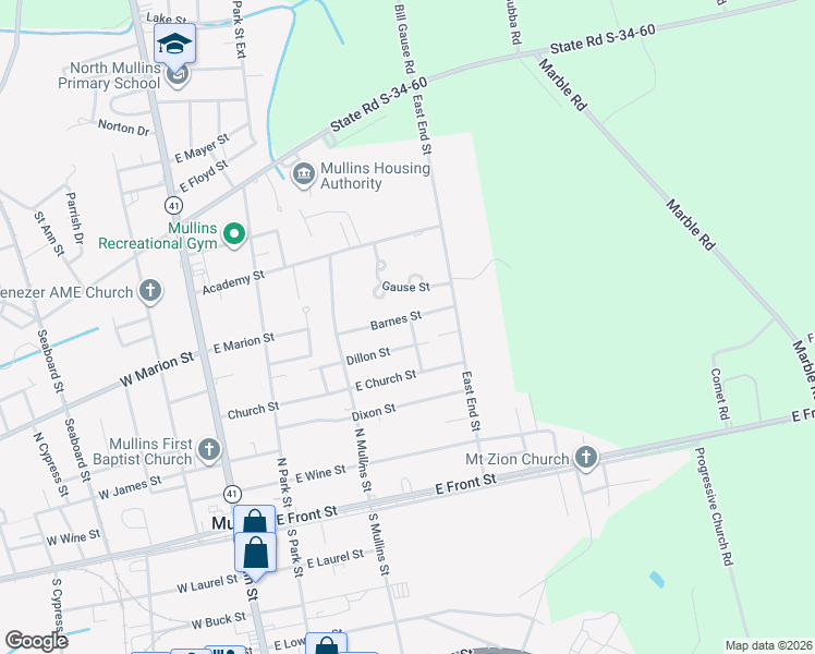 map of restaurants, bars, coffee shops, grocery stores, and more near 421 North Valentine Street in Mullins